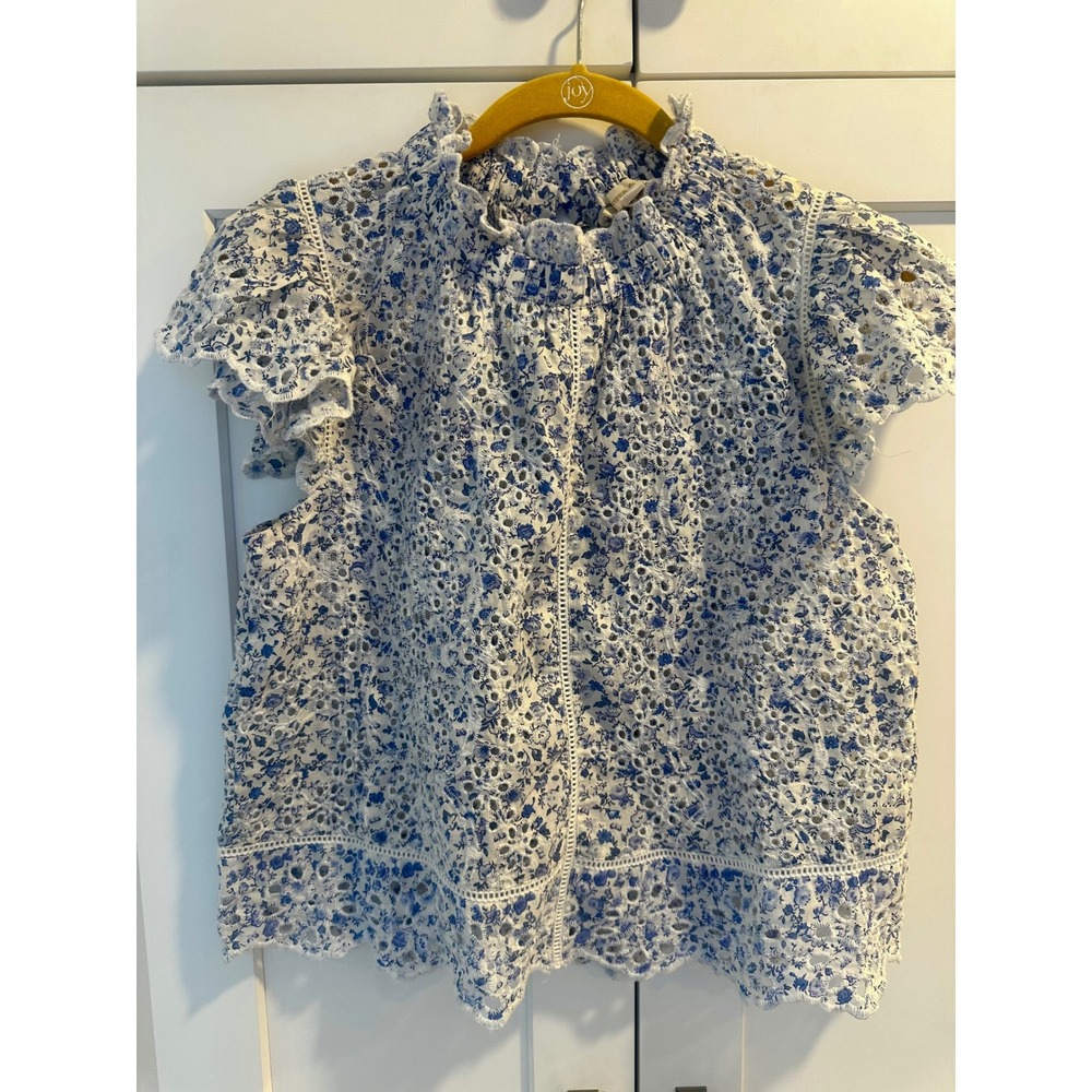 Jennifer & Grace Blue Floral Eyelet Lace Ruffle Neck Blouse CT2240M NEW Small